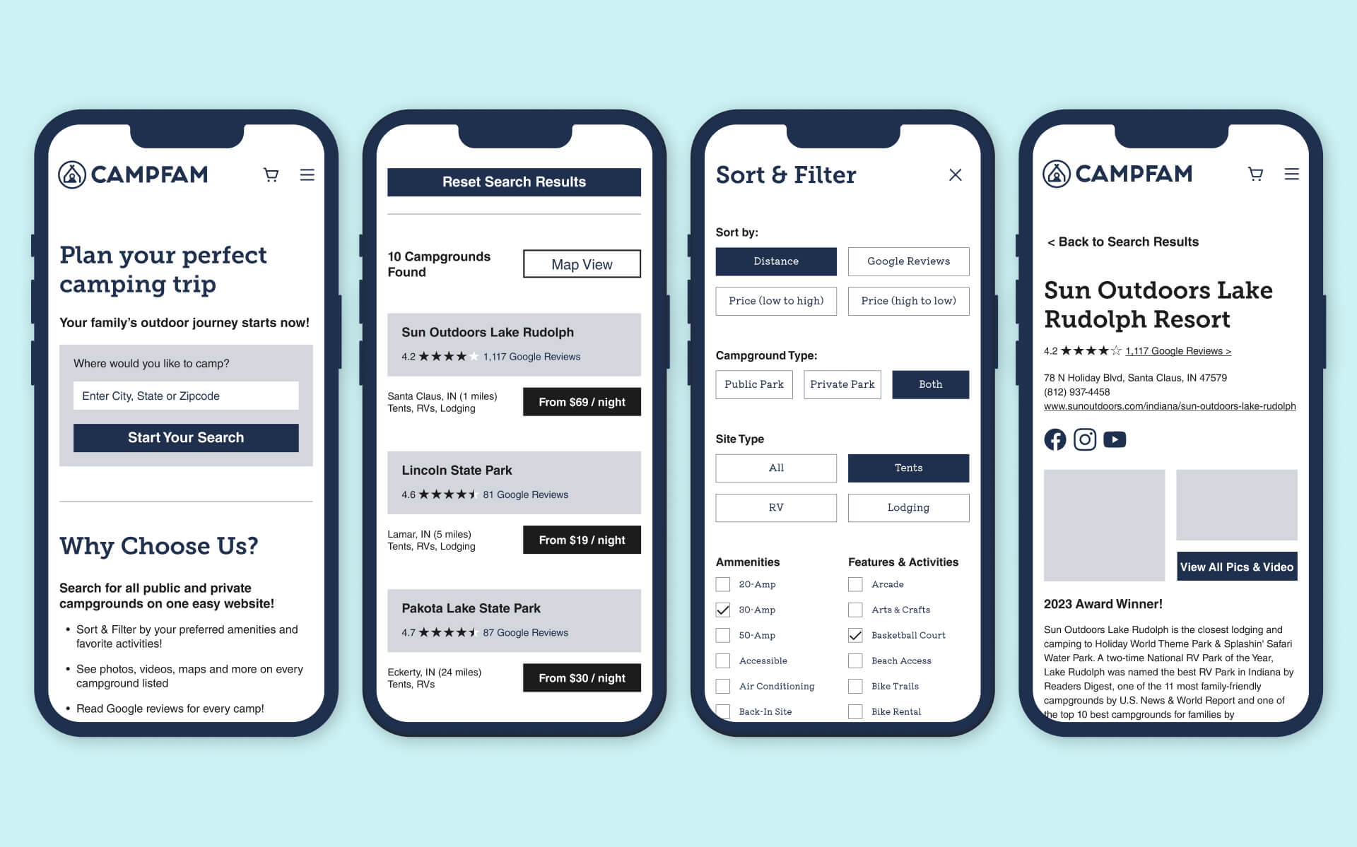 CampFam mid-fidelity wireframes