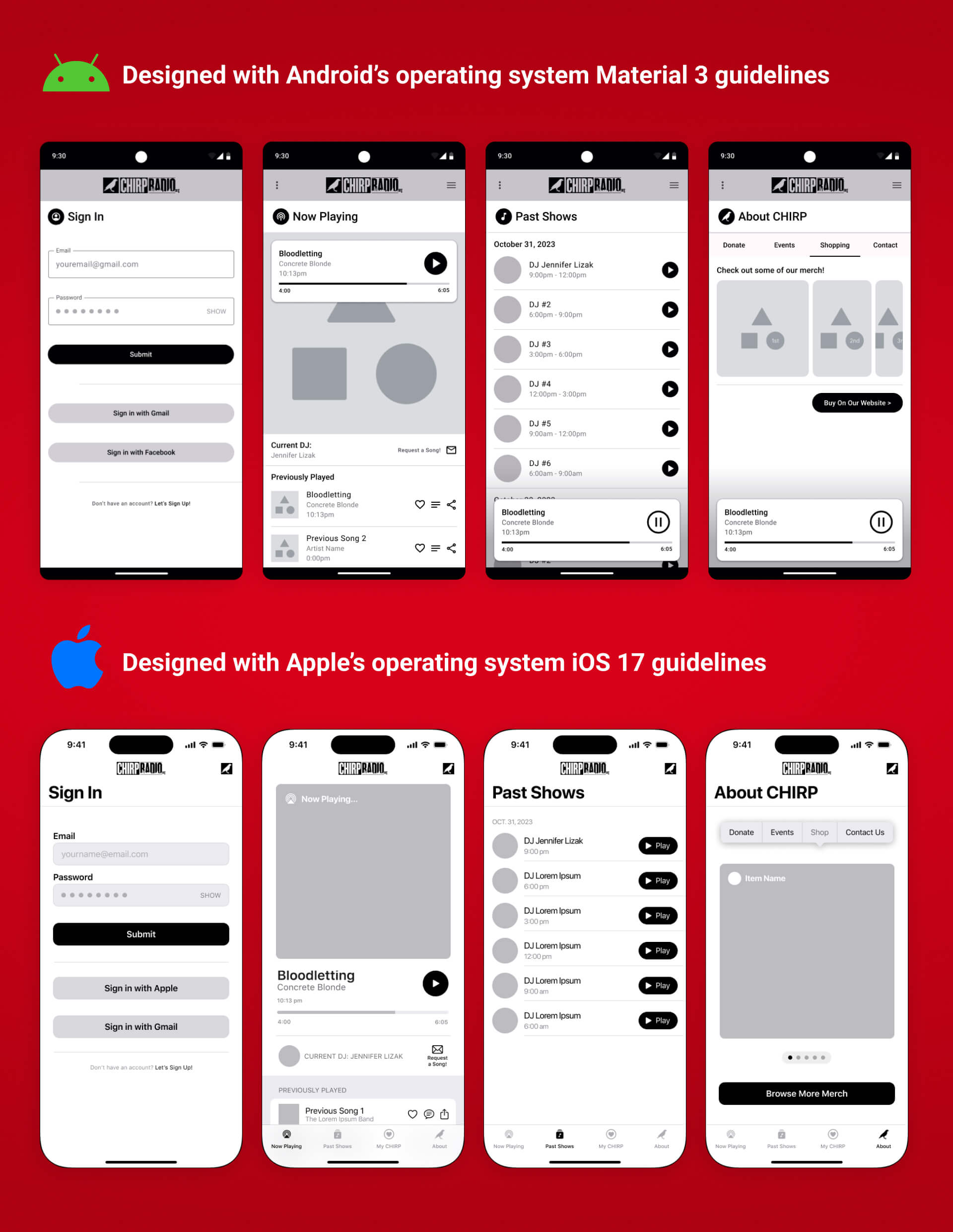 CHIRP mid-fidelity wireframes