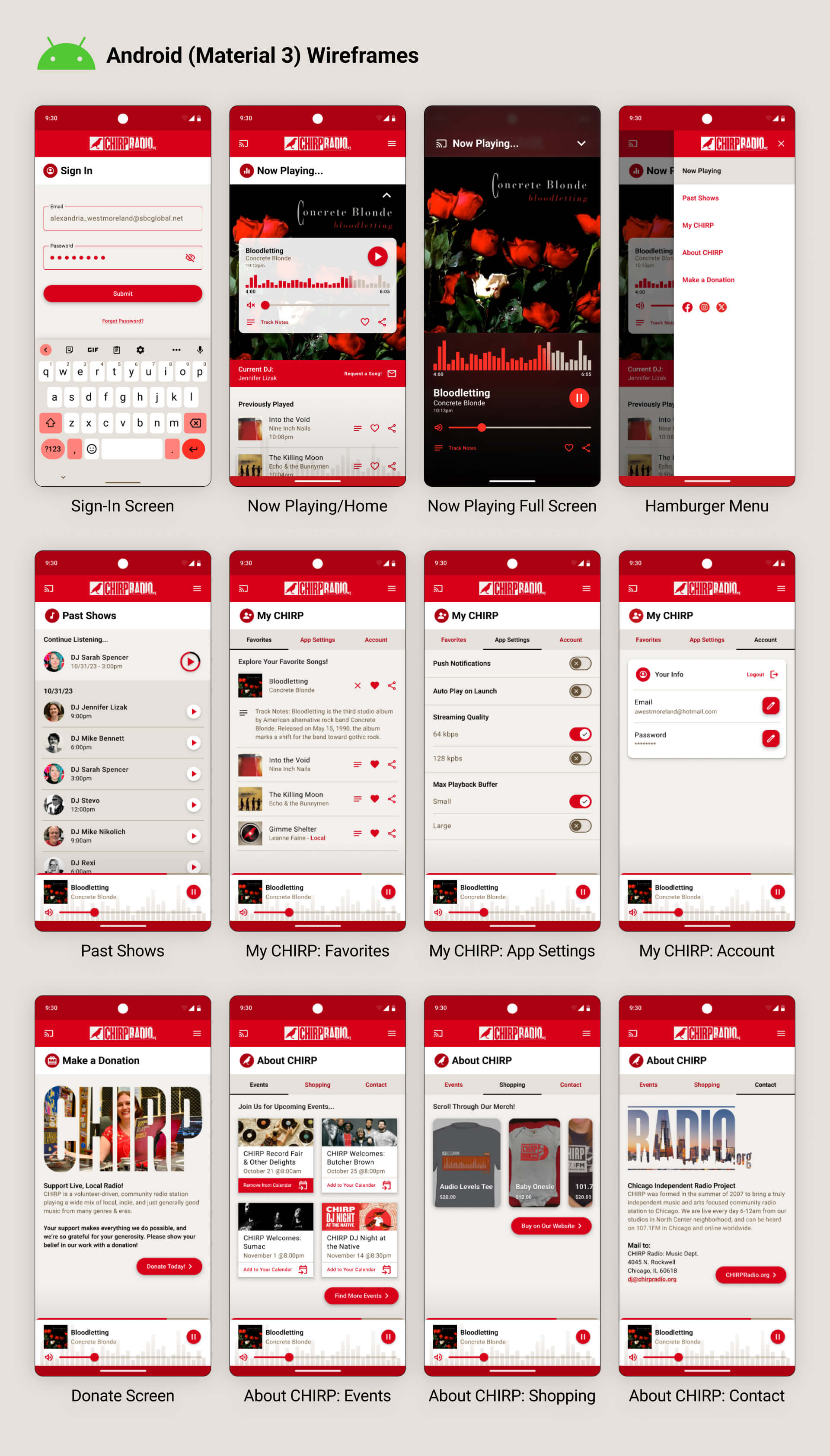 CHIRP high-fidelity Android wireframes